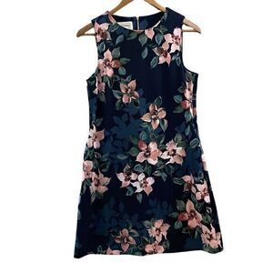 Donna Morgan Womens Navy Blue Floral Round Neck Sleeveless Shift Dress Size 8